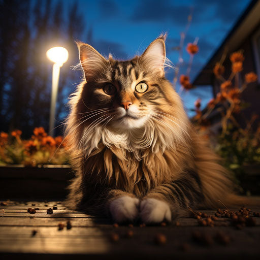 Norwegian forest cat lying outside at night