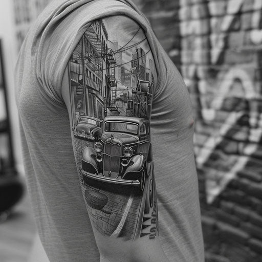 Sketch of tattoo of a vintage car and urban scenes, full sleeve for men