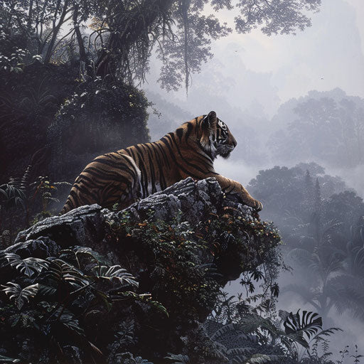 Sumatran tiger on a rocky outcrop above misty jungle