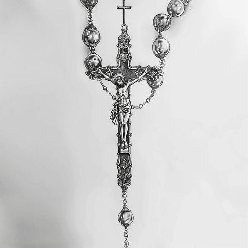 Intricately shaded black and grey ink rosary tattoo design on white background