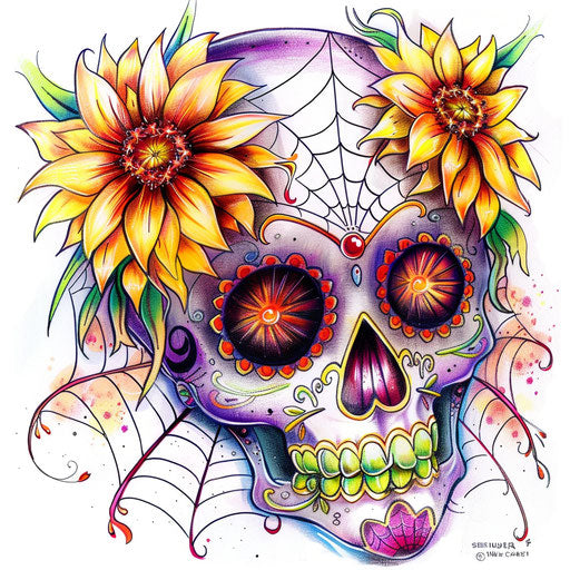 Vibrant sugar skull with bright marigold flowers and cobweb