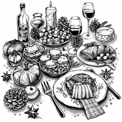 Festive black and white potluck with seasonal decorations and foods