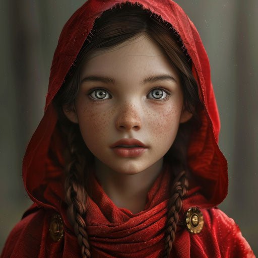 Little Red Riding Hood Clipart in Photo-realistic Style with Flat Random Background, Metallic Sheen and Realistic Textures