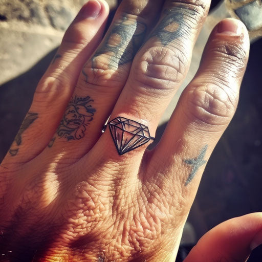 Ring finger tattoo with diamond outline design