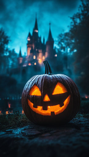 Eerie pumpkin in front of haunted village under starry sky