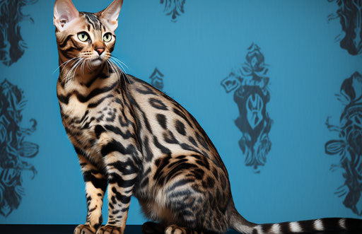 Bengal cat on blue background, dark silver and light maroon style