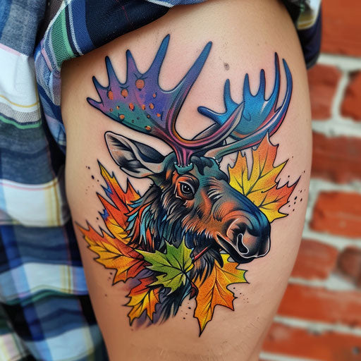Vibrant flat tattoo sketch of a moose with a colorful autumn leaf motif