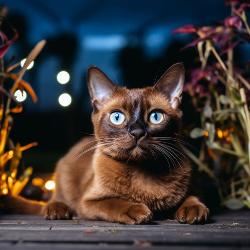 Burmese cat lying outside at night