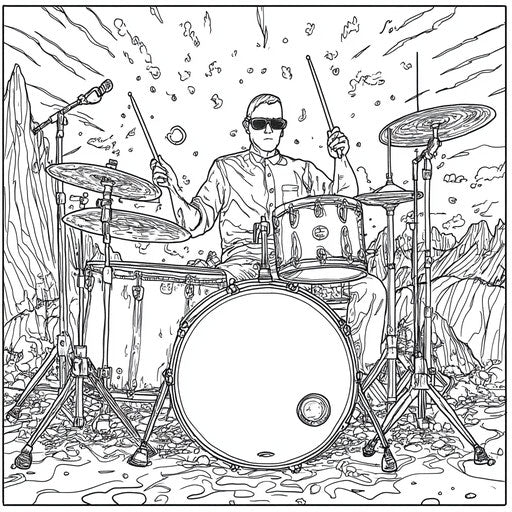 A drummer in a rock band, coloring book page