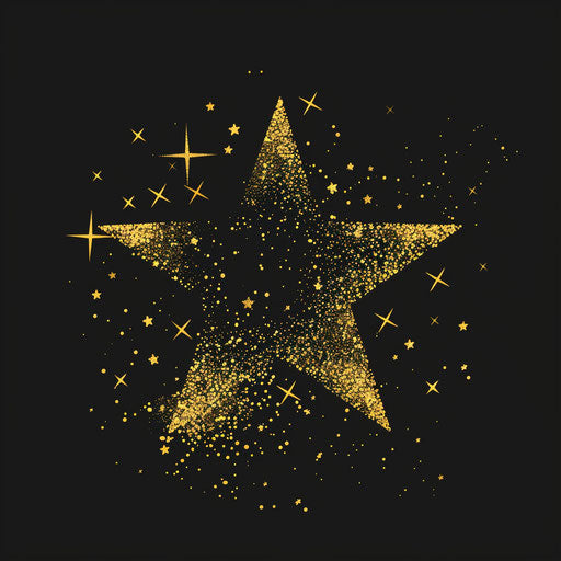 Flat tattoo sketch of star silhouette, glittering gold on black space
