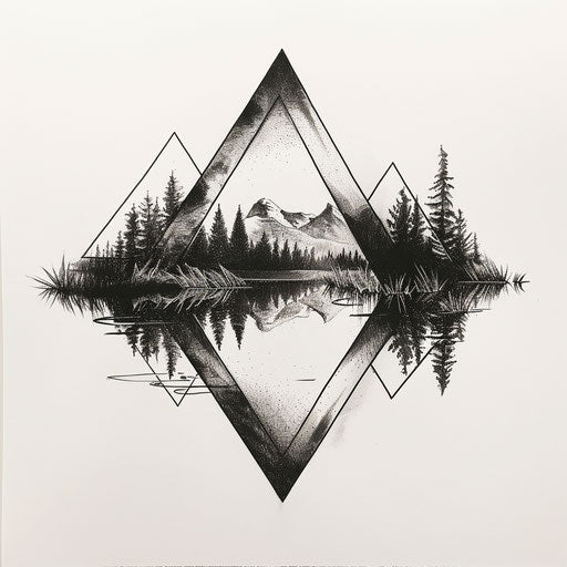 Hyper-realistic triangle tattoo drawing with mirrored lake