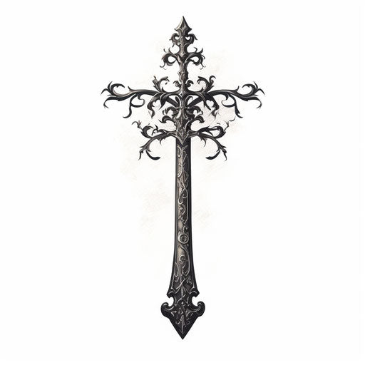 Black and white drawing of a sword, tattoo style