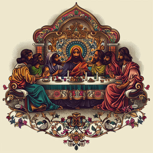 Exotic flat tattoo-style Last Supper with ornate patterns