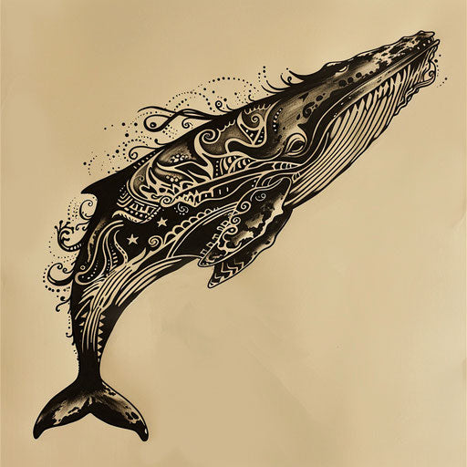 Intricate tattoo sketch of a whale with tribal patterns