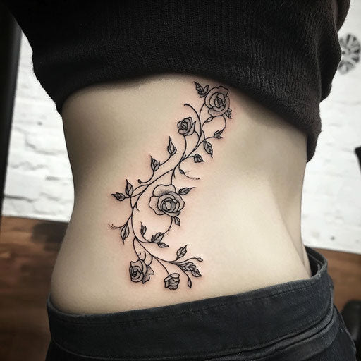Side tattoos for women with a floral vine and delicate roses