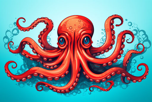 Red octopus on blue background, style of psychological illustrations