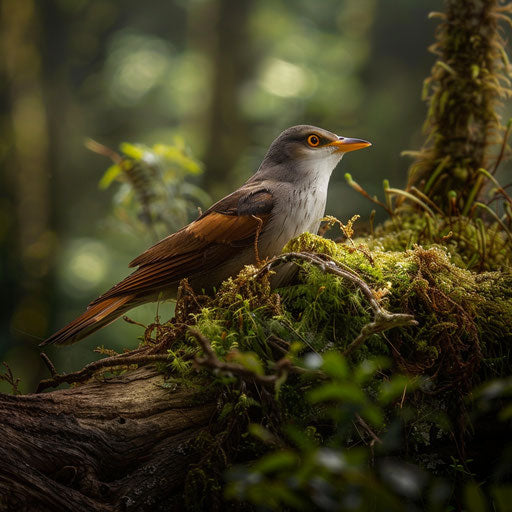 A yellow billed cuckoo caught in a brief moment of rest on a moss-covered log, the tranquility of the forest enveloping it.