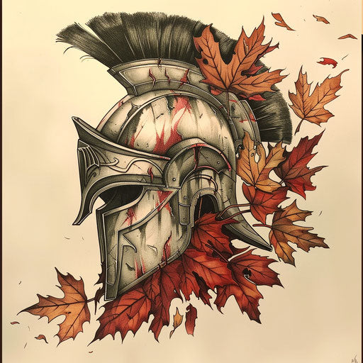 Sketch an autumn-themed spartan helmet tattoo with falling leaves and warm hues