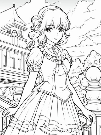 Anime girl in yellow dress coloring pages, comic art style