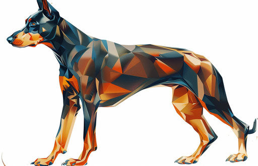 Doberman in front of white background, dark gold and dark blue style 17:11