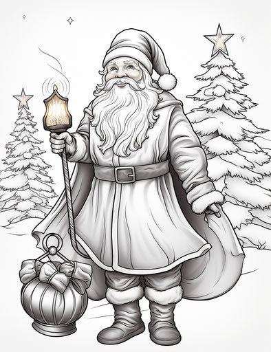 Santa Claus with candle and sack of presents coloring pages
