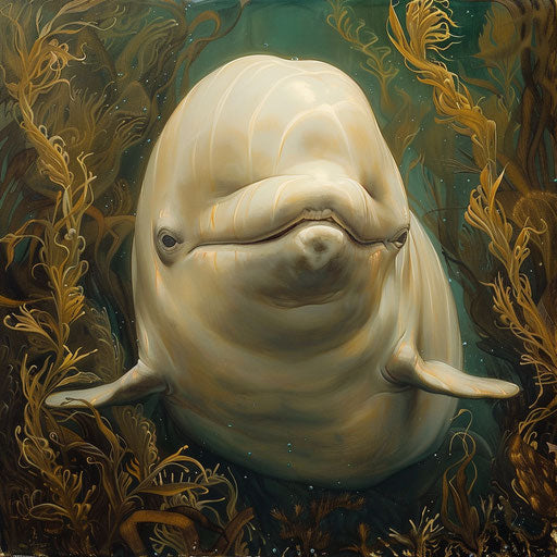 Smiling beluga in arctic kelp forest