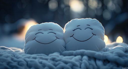 Happy face pillows at night in the style of romantic emotivity, humor meets heart, white, cute and dreamy