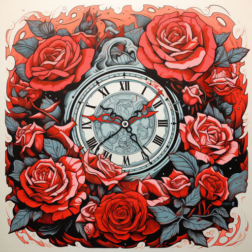 A clock of roses in the style of traditional ink painting