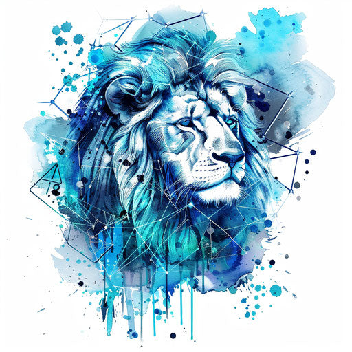 Oceanic Leo Constellation Tattoo Sketch in Flat Clipart Style with Teal and Marine Blue Watercolor Splashes