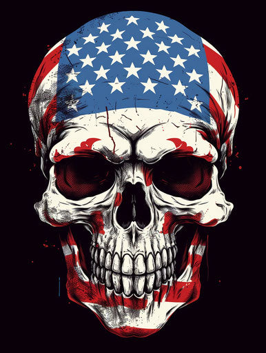 Red, white, and blue American flag skull with bandana