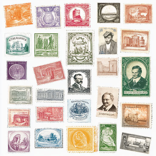 Realistic stamp collection clipart, high-resolution, isolated