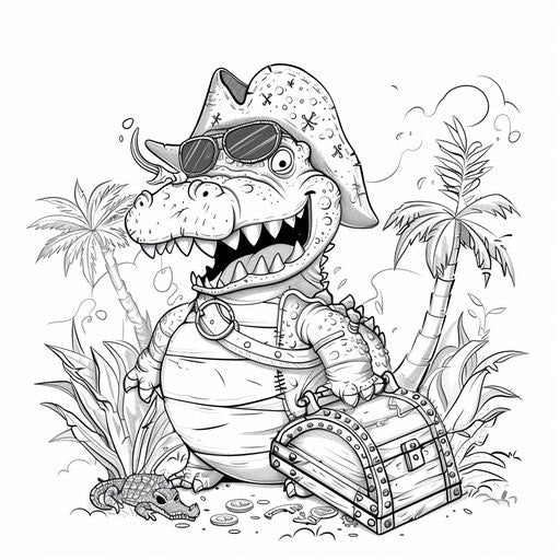 A crocodile pirate with a hat, eye patch, and treasure chest