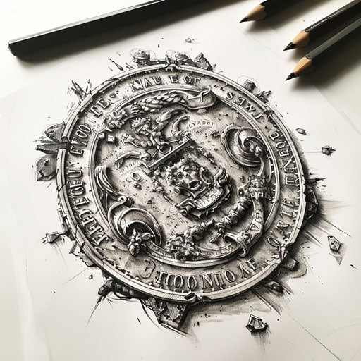 Modern tattoo design of a Roman coin on white background