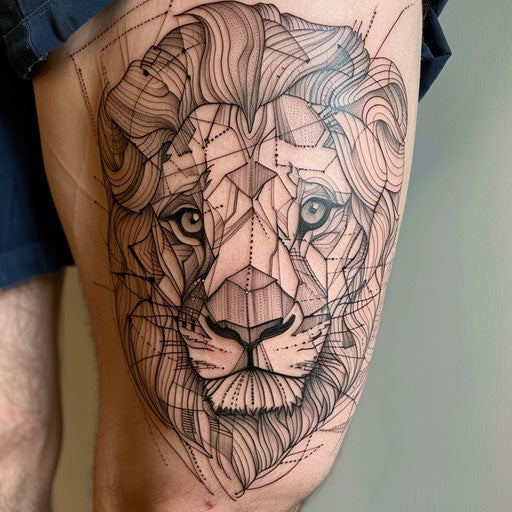 Fine line lion tattoo in the style of Steve McNiven