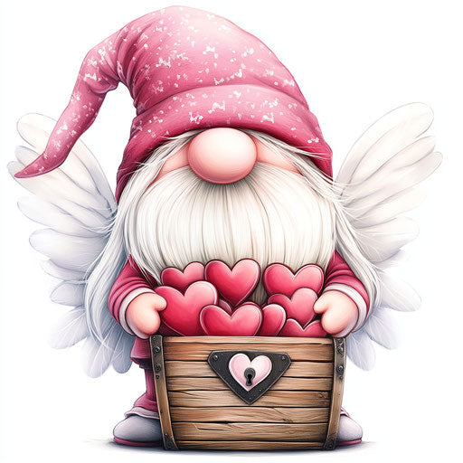 Sweet pink Valentine's Day gnome with treasure chest full of hearts