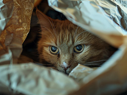 Cat hidden in a paper bag, emphasis on facial expression, massurrealism