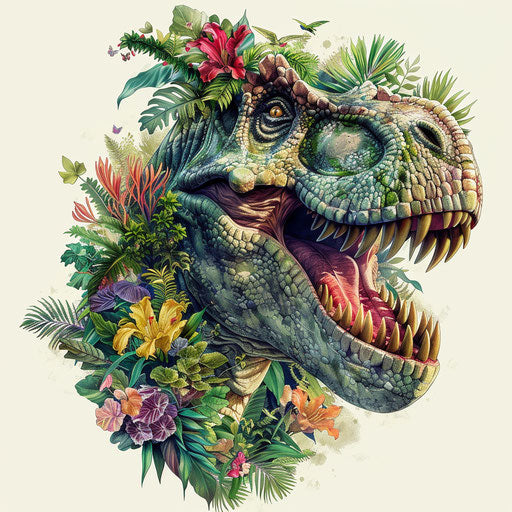 T-rex dinosaur with vibrant prehistoric flora