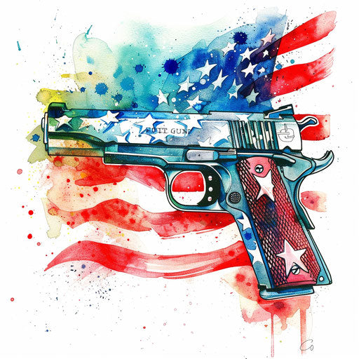 Patriotic tattoo design of a gun with an American flag