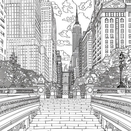 Urban landscape with intricate architectural details in the style of Stephen Wiltshire Coloring book page