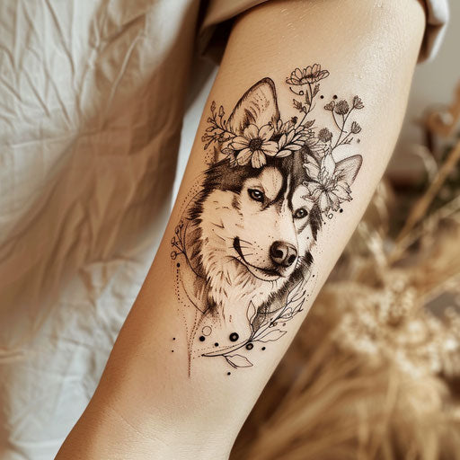 Whimsical flat tattoo sketch of a husky wearing a crown of wildflowers