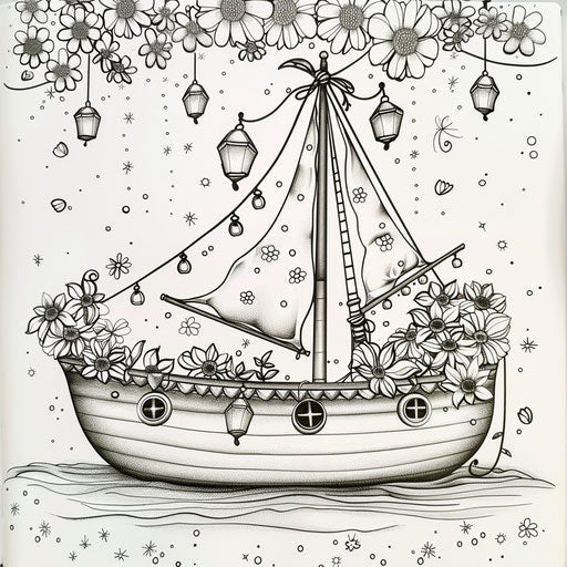 Whimsical boat with fairy lights at night