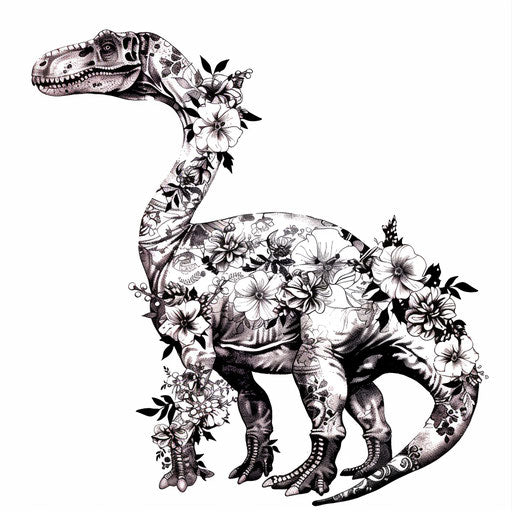Dinosaur tattoo with floral patterns on white background