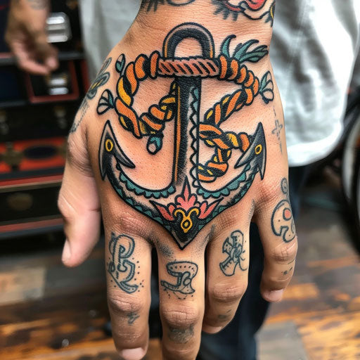 Hand tattoo designs of an anchor and ropes