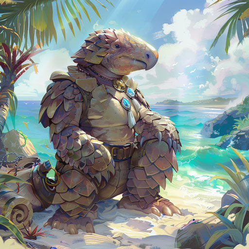 A pangolin pirate searching for treasure on a tropical island