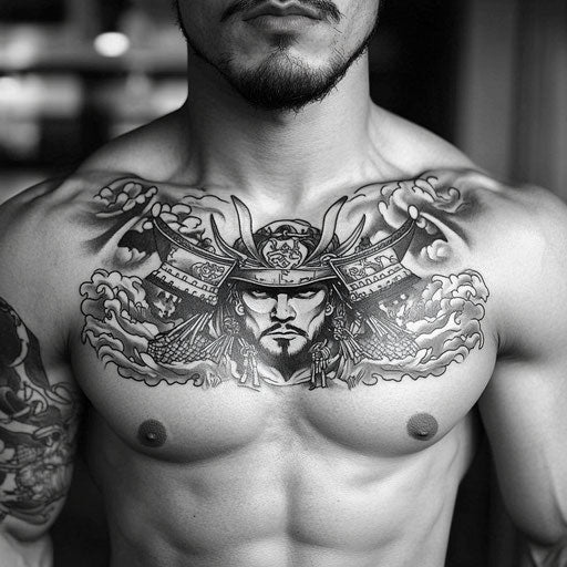 Small chest tattoos for men with samurai motifs, in the style of Ami James