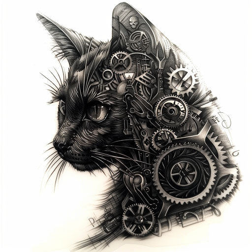 Steampunk black cat tattoo, gears and mechanical parts on white background
