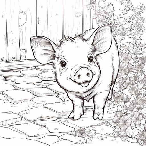 A friendly piglet in a pen, in the style of Mamoru Hosoda, Coloring book page