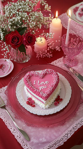Valentine's Day table with heart-shaped cake, flowers and candles