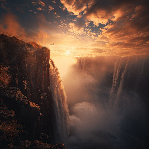 Victoria Falls with epic mist and golden light at magical hour