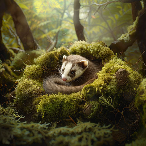 Ferret nestled in moss in forest in the style of Gregory Colbert